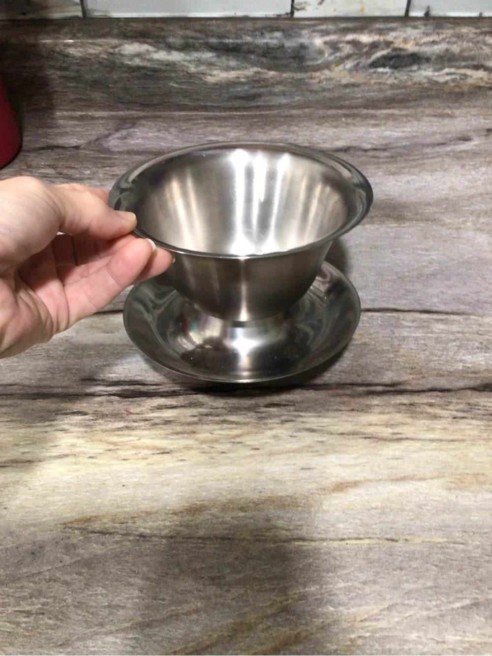 Vintage Stainless Steel Gravy Boat Sauce Server Bowl w Attached Underplate.